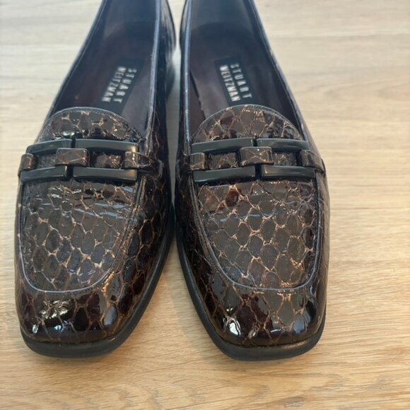 ** Stuart Weitzman Leather Heeled Loafers Brown Black Snake 6.5 - Picture 2 of 9